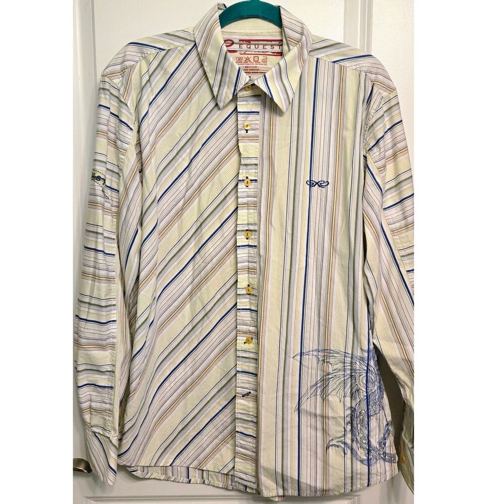 Request Button Down Shirt Mens Sz L Striped Dragon Cowboy Western 100% Cotton